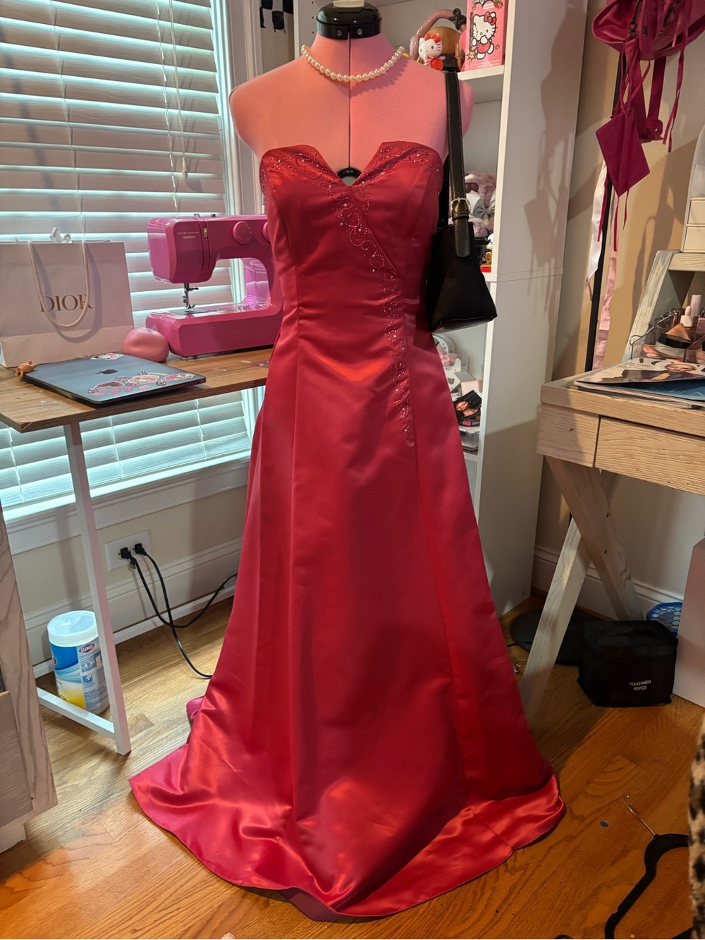 Strapless Pink Satin Evening Gown